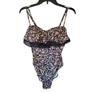 Kona Sol Crochet Flounce Bandeau One Piece Swimsuit Padded Bra Medium